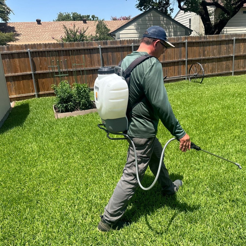 Technician applying lawn treatment to patchy front yard grass at Dallas home