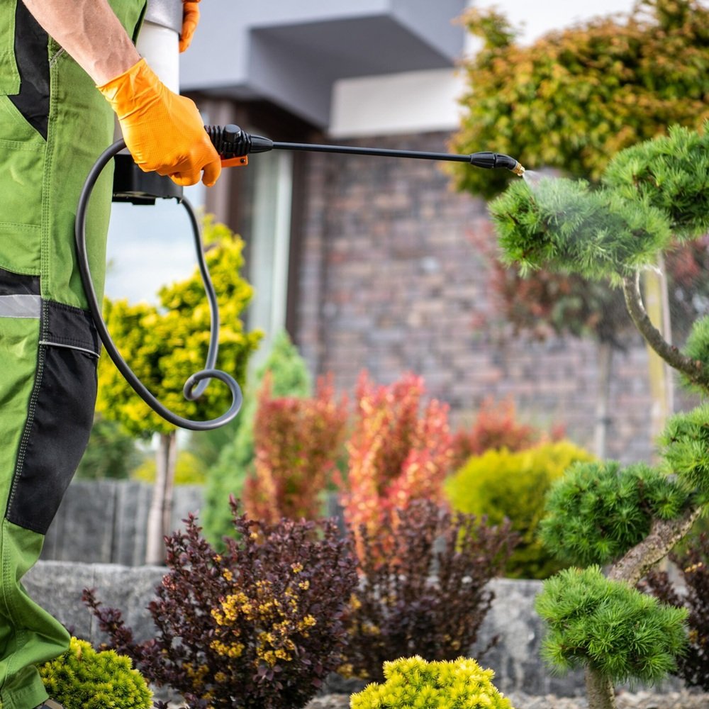 Technician treating pest activity around a Dallas home's foundation and mulch beds